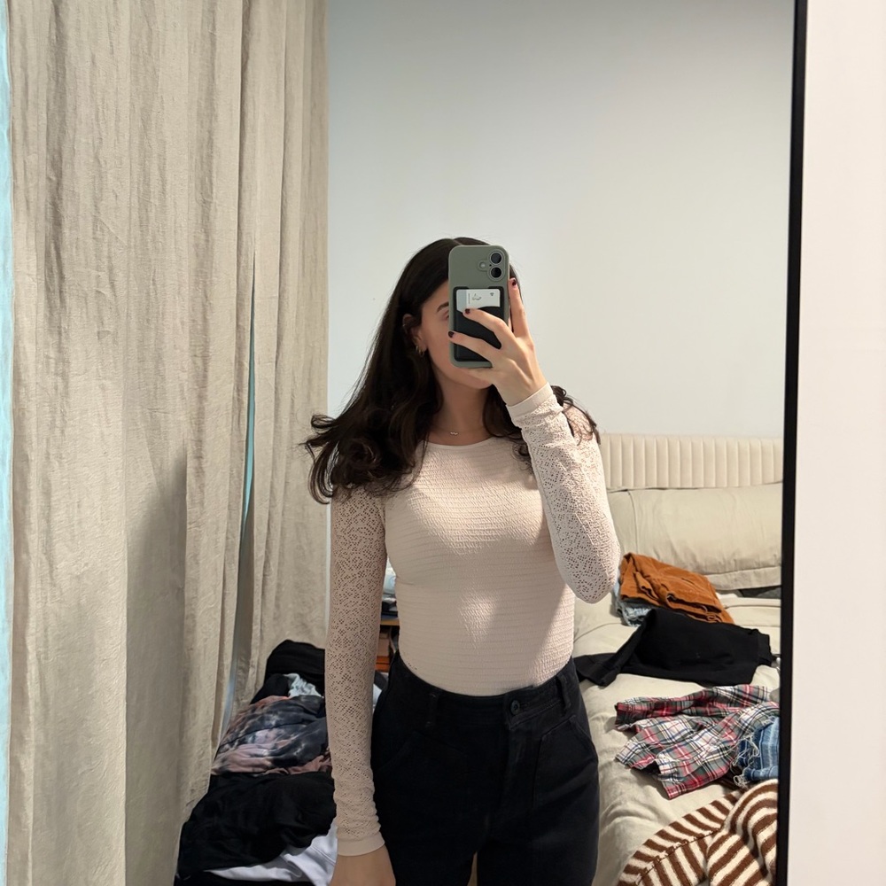 Free People Cream Lace Sleeve Bodysuit
